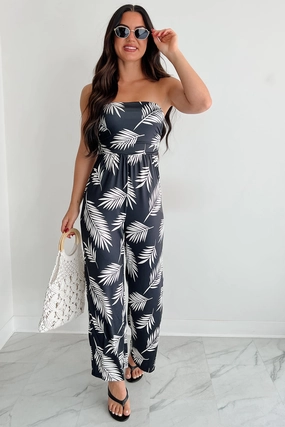 Palm Plans Strapless Leaf Print Jumpsuit (Black) TurtleneckDesign TemperatureRegulating Fabric