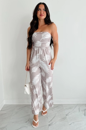 Palm Plans Strapless Leaf Print Jumpsuit (Taupe) AllPurposeWear