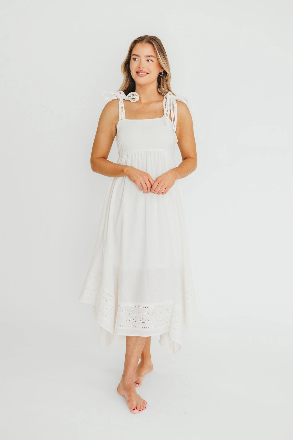 Morning Wear Feminine Charm Palmer Asymmetrical Hem Midi Dress in White *Final-Sale*