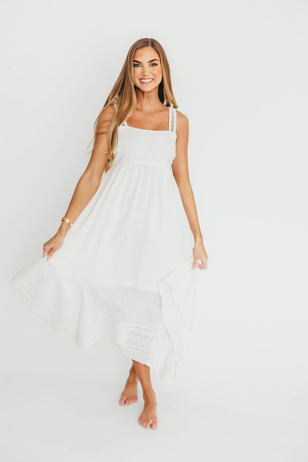 Palmer Asymmetrical Hem Midi Dress in White *Final-Sale* Guest Shine Trendy Cut