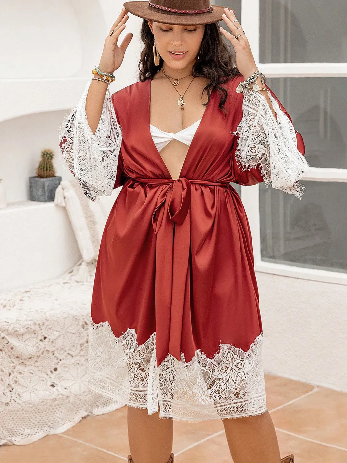 Paradise Plus Size Lace Patchwork Tie Front Robe