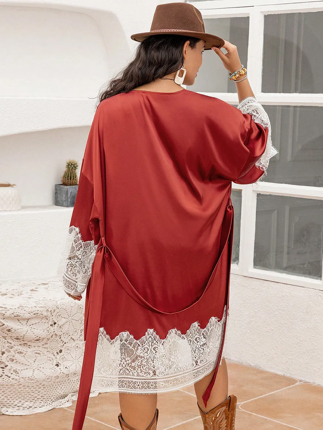 Paradise Plus Size Lace Patchwork Tie Front Robe