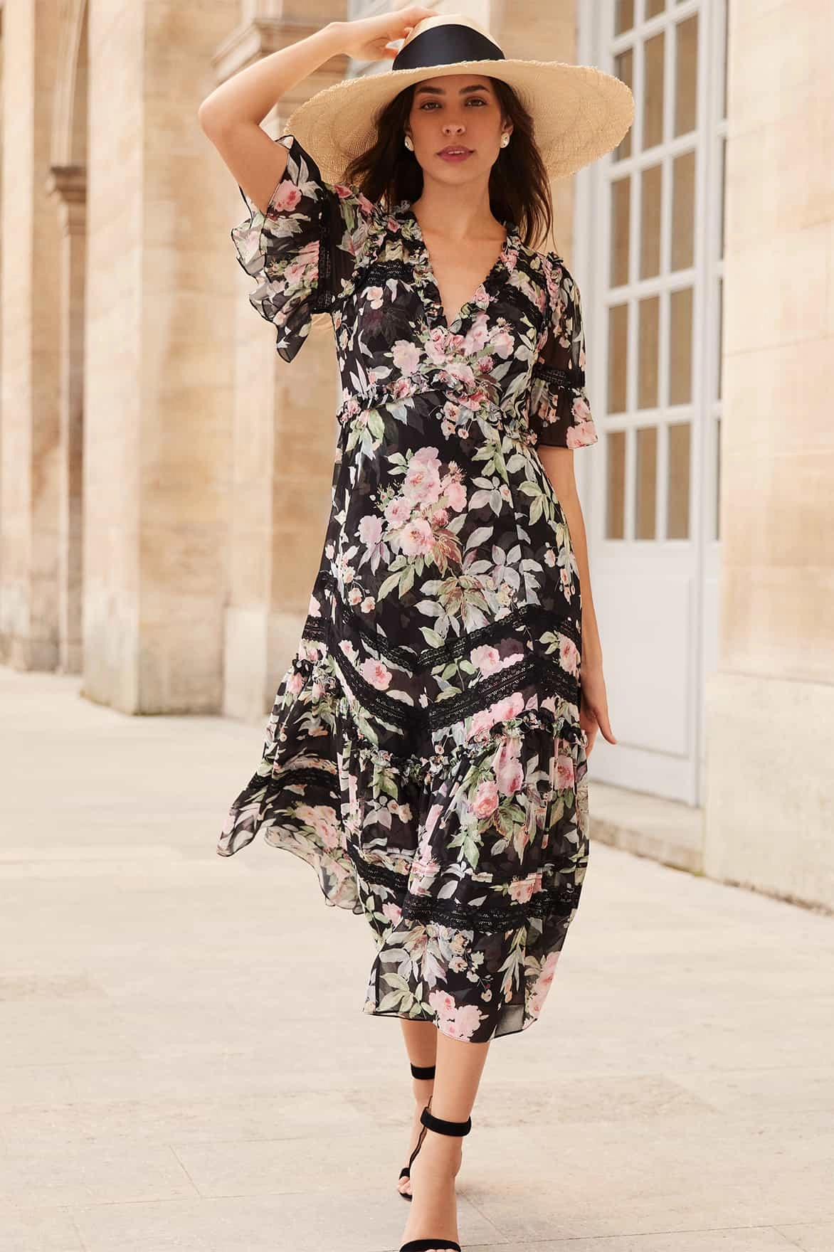 Drawstring-Waist Paradise Garden Sonata Georgette Ballerina Dress