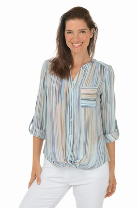 Flexible Knit OdorResistant Fabric Paradise Stripe Button-Front Blouse