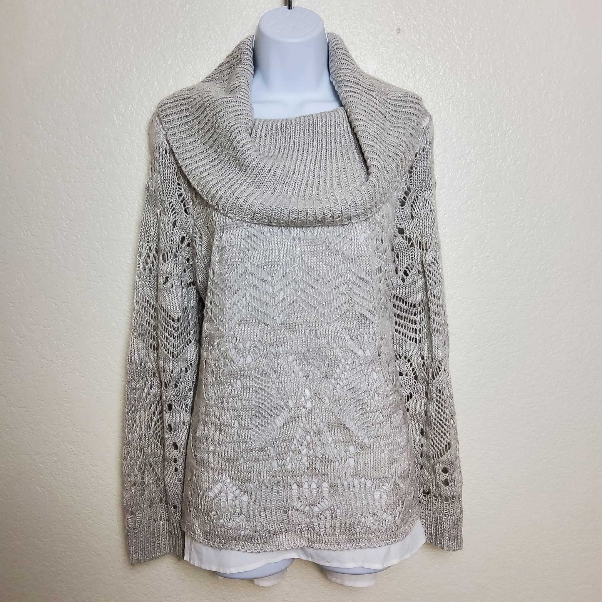 Park Slope Silver Cowl Neck Sweater with Metallic Embroidery and Camisole Lining, Women's Size 1X