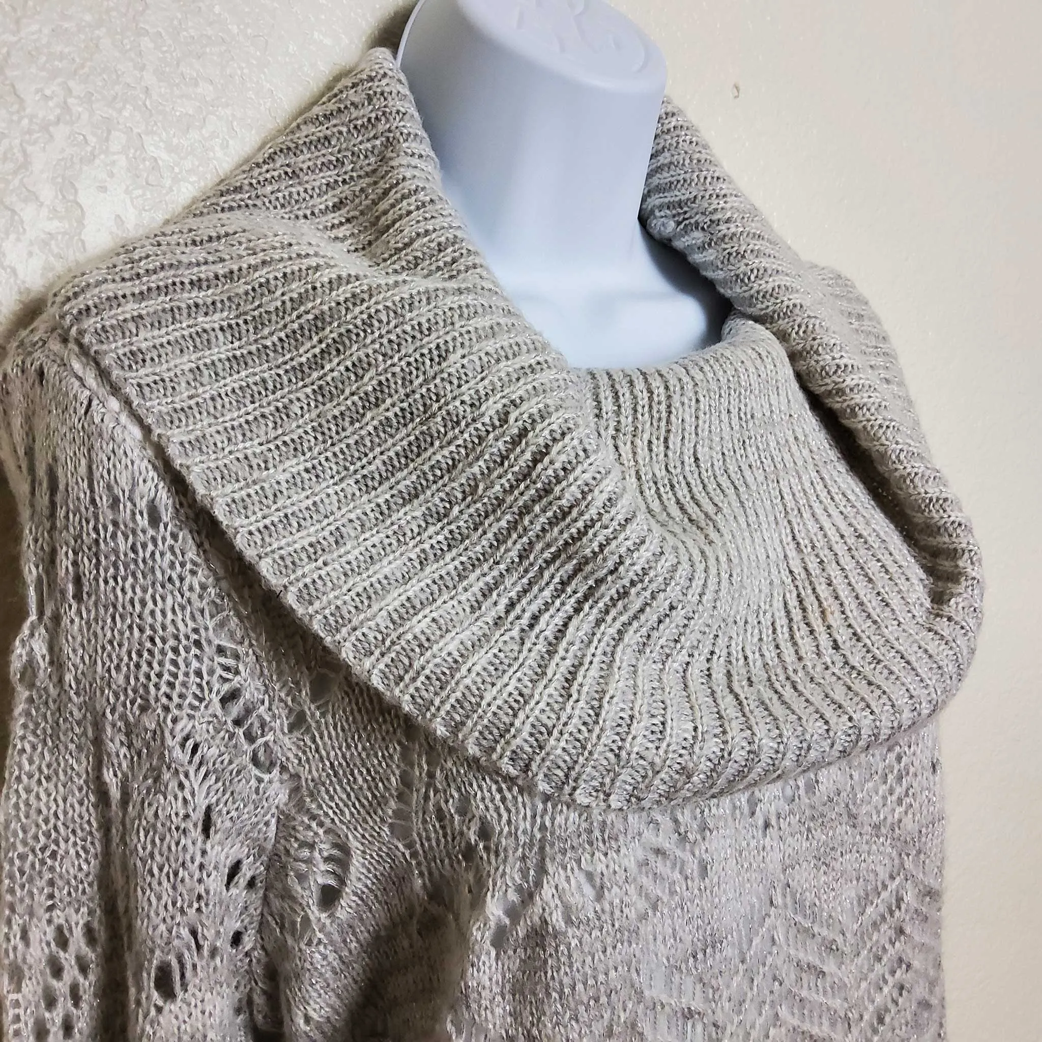 Park Slope Silver Cowl Neck Sweater with Metallic Embroidery and Camisole Lining, Women's Size 1X
