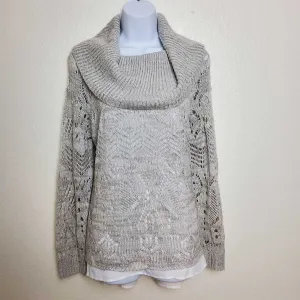Park Slope Silver Cowl Neck Sweater with Metallic Embroidery and Camisole Lining, Women's Size 1X
