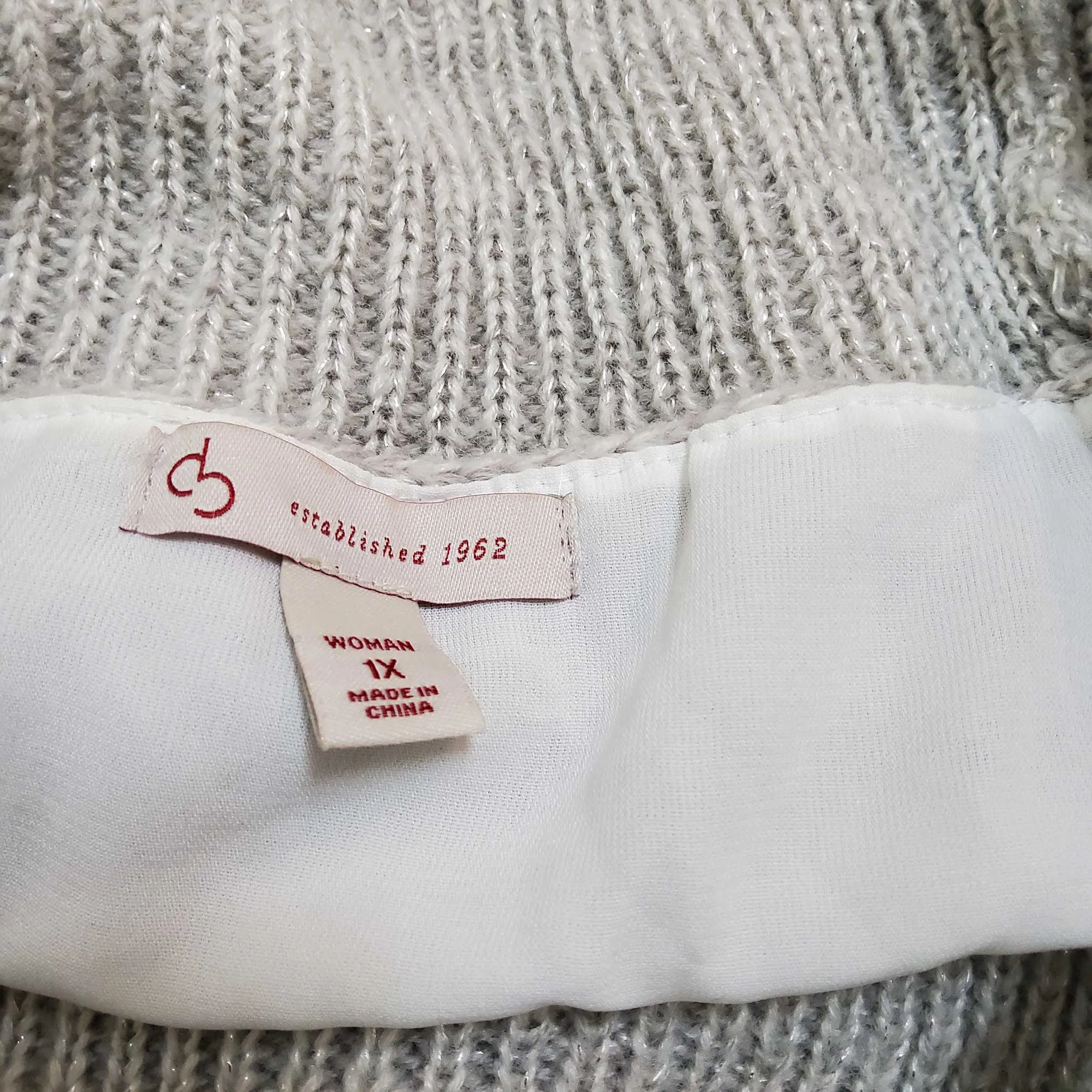 Park Slope Silver Cowl Neck Sweater with Metallic Embroidery and Camisole Lining, Women's Size 1X