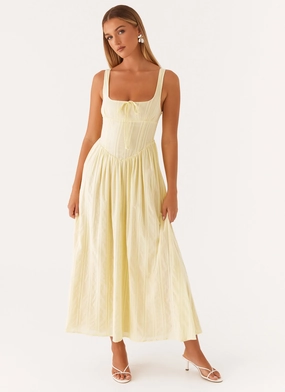Flattering Waist Fit Ruffle Detail Pascuelle Midi Dress - Yellow