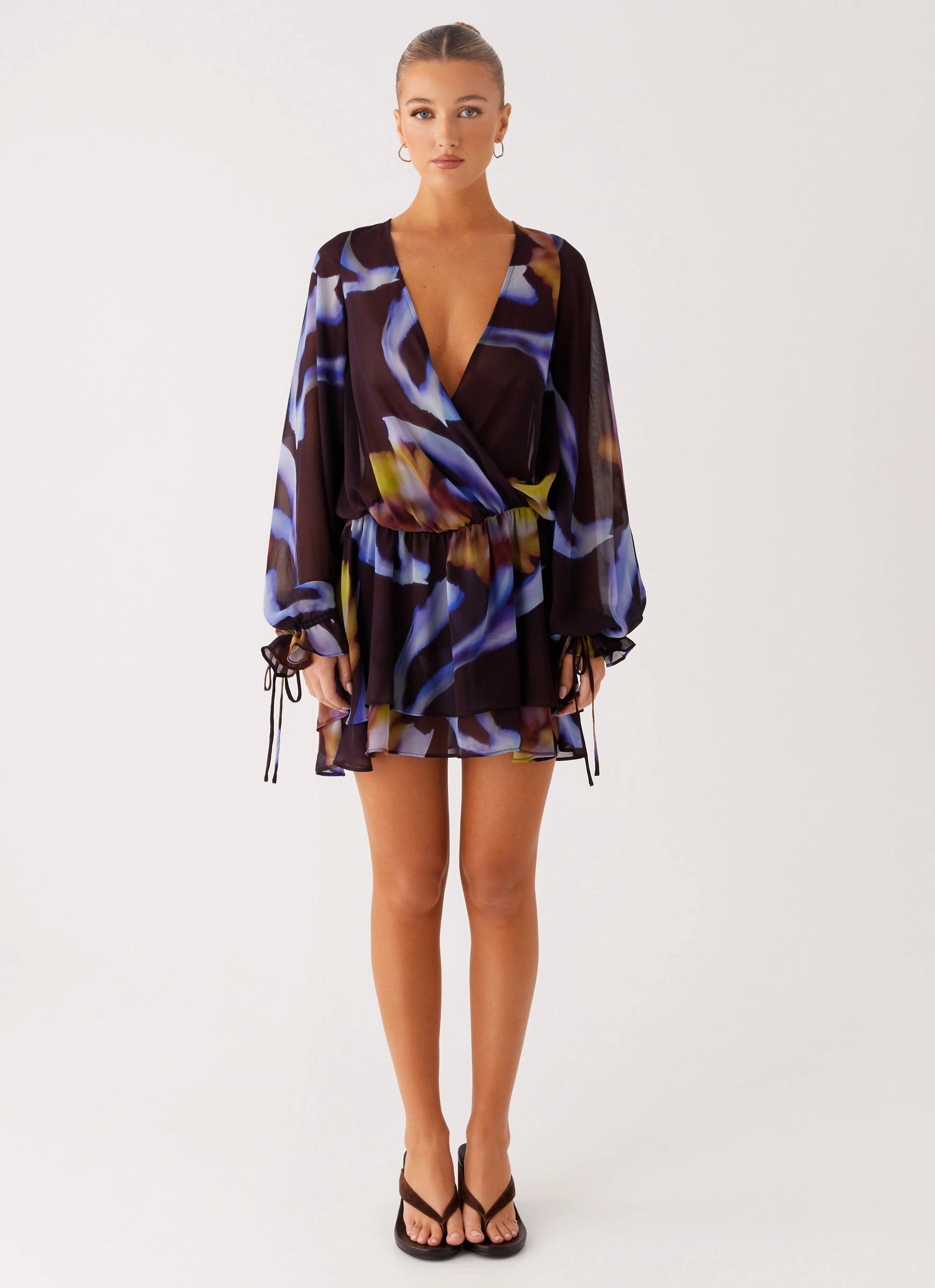 Sleek Texture Timeless Soft Passion Long Sleeve Mini Dress - Dark Floral