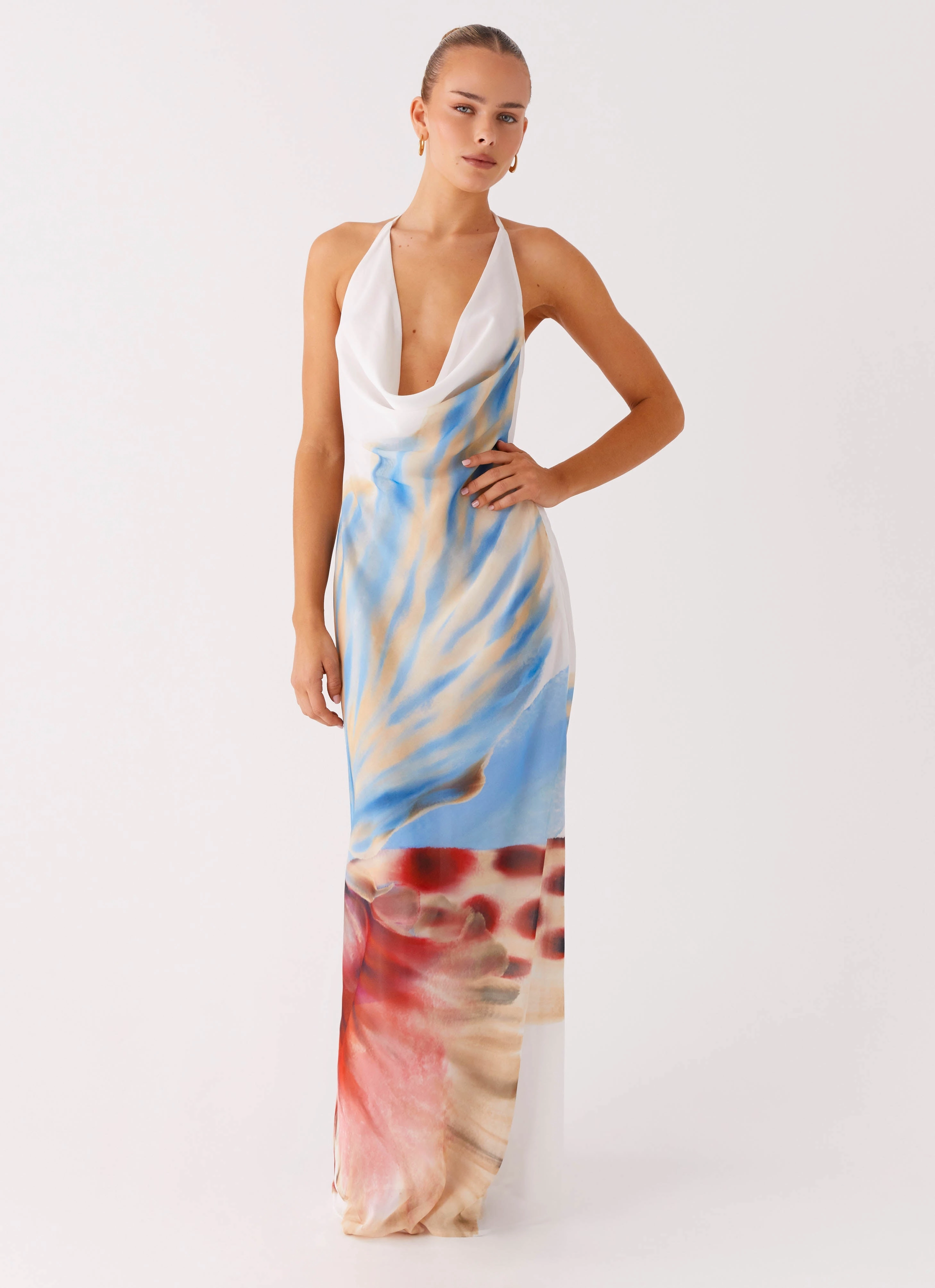 Flattering Shape Wear Stars Align Cowl Maxi Dress - White Sea Bloom