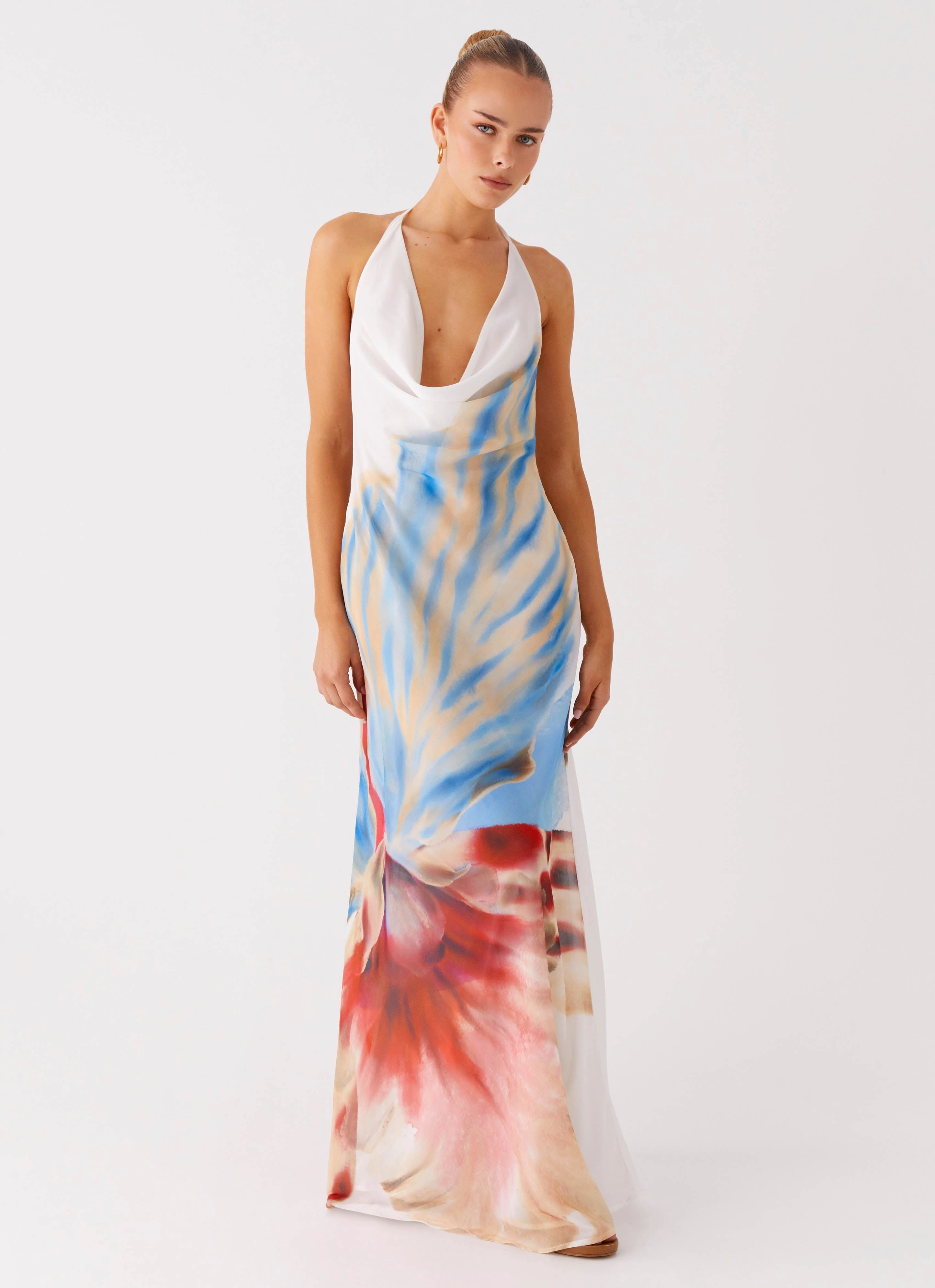 Stars Align Cowl Maxi Dress - White Sea Bloom Feminine Vibe Mood Flex