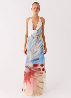 Belted-Style Art Inspired Stars Align Cowl Maxi Dress - White Sea Bloom