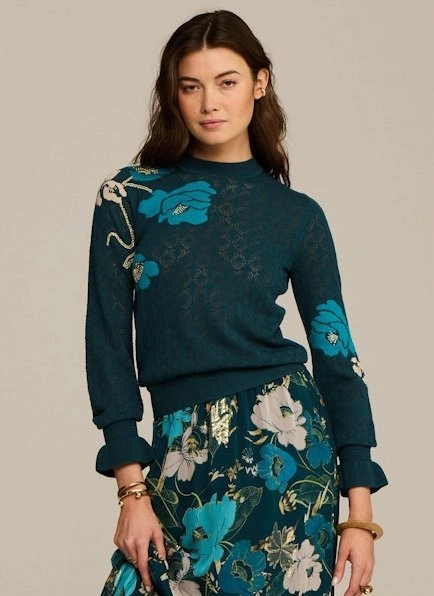 LowProfileZipperSystem MultiPocket Configuration Patricia Sweater Blooming Floral Peacock Blue
