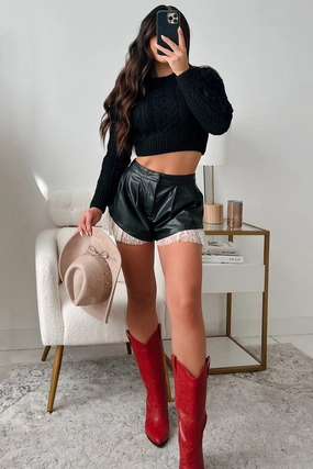 Pay It Forward Cable Knit Crop Sweater (Black) NonRestrictiveCut WideNeckline