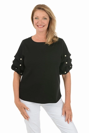 DoubleLayeredShoulders Pearl Gathered Elbow Sleeve Top