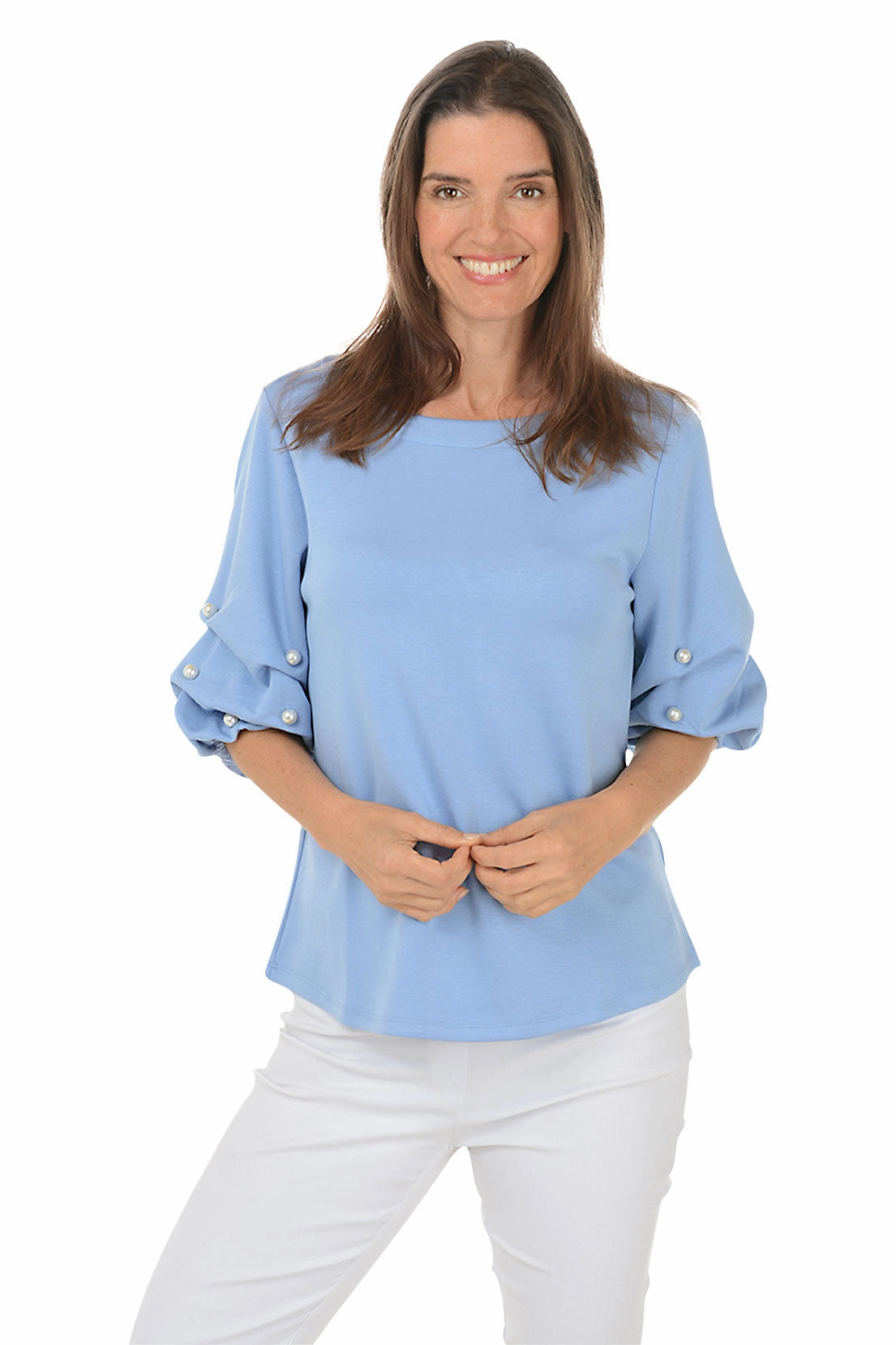 Pearl Gathered Elbow Sleeve Top Quick-Dry Fabric Ribbed Hemline