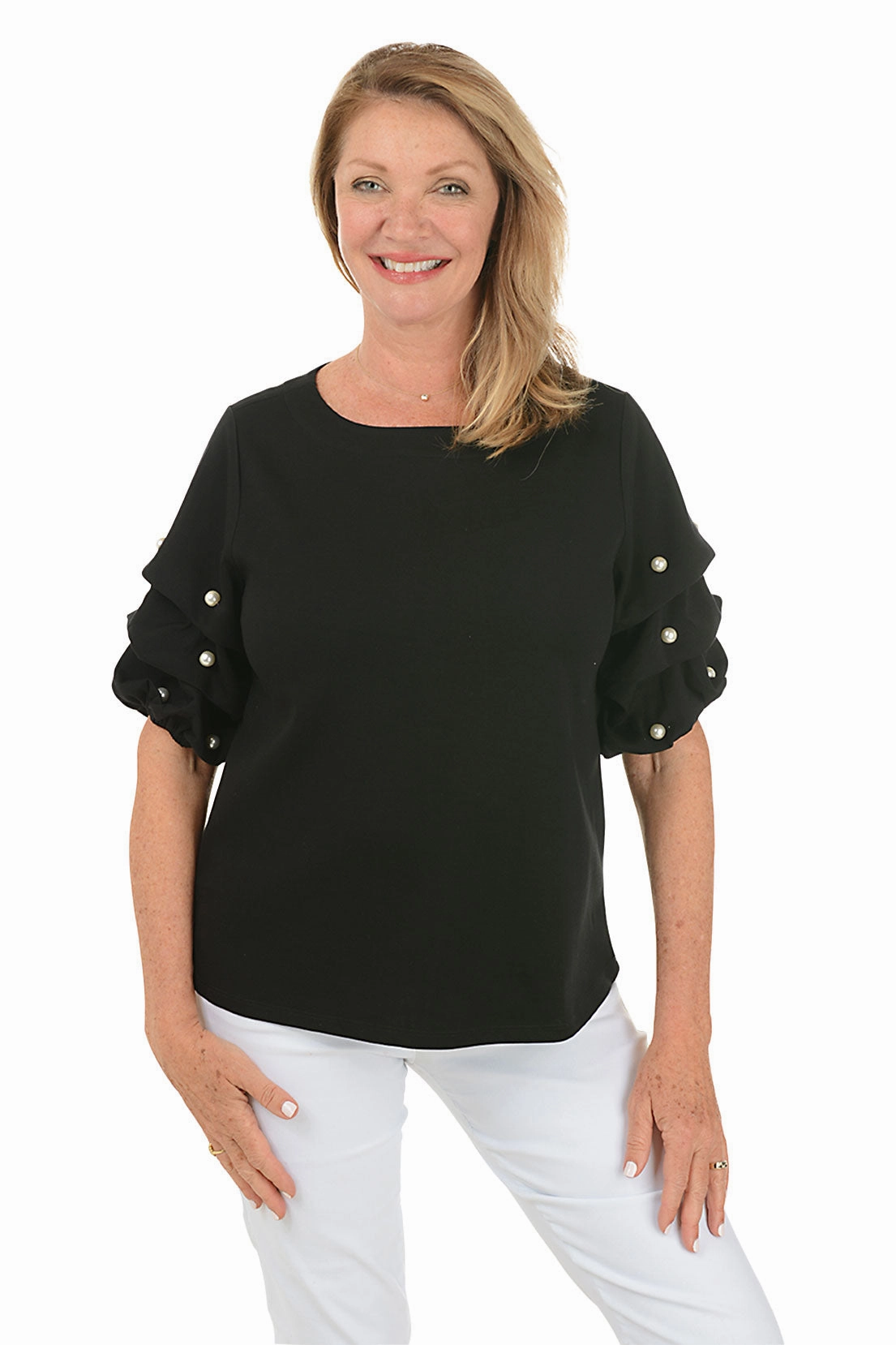 Pearl Gathered Elbow Sleeve Top Hydrophobic Surface Treatment Reinforced Stitching