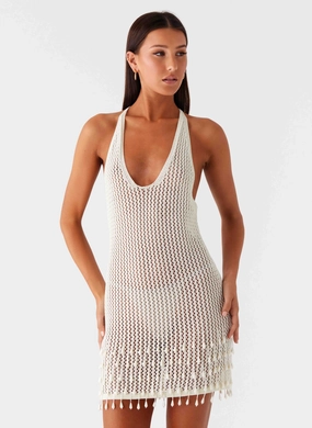 Pearl Shore Beaded Crochet Mini Dress - Ivory Autumn Look