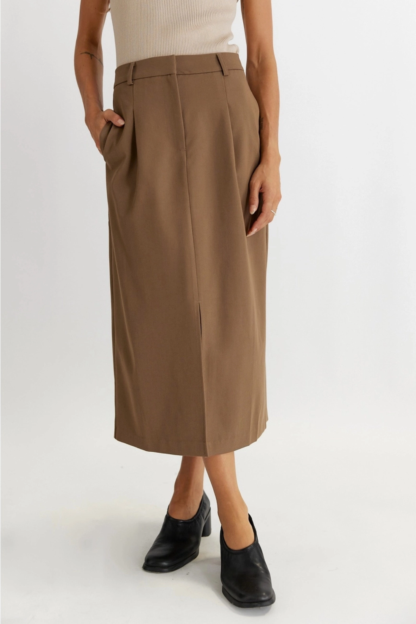 Contoured Waist Shirred Back PENNY TAILORED MIDI SKIRT