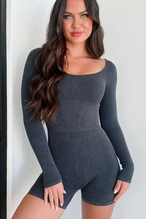 LowProfileTopstitching Functional Comfort Wear DOORBUSTER Coffee Shop Cutie Ribbed Long Sleeve Romper (Black)