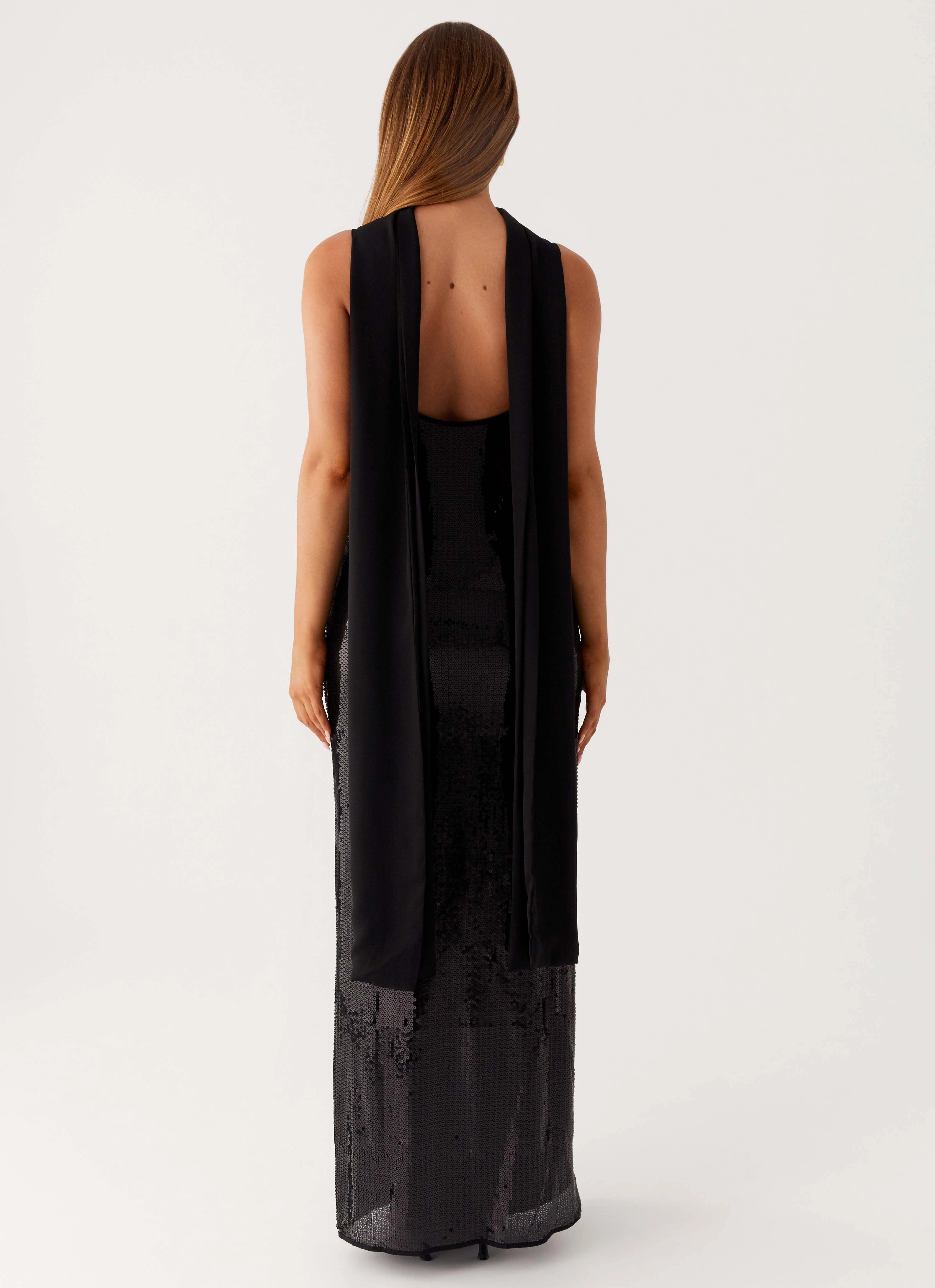 Scarf Neck Sequins Maxi Dress - Black Pure Elegance V Neckline