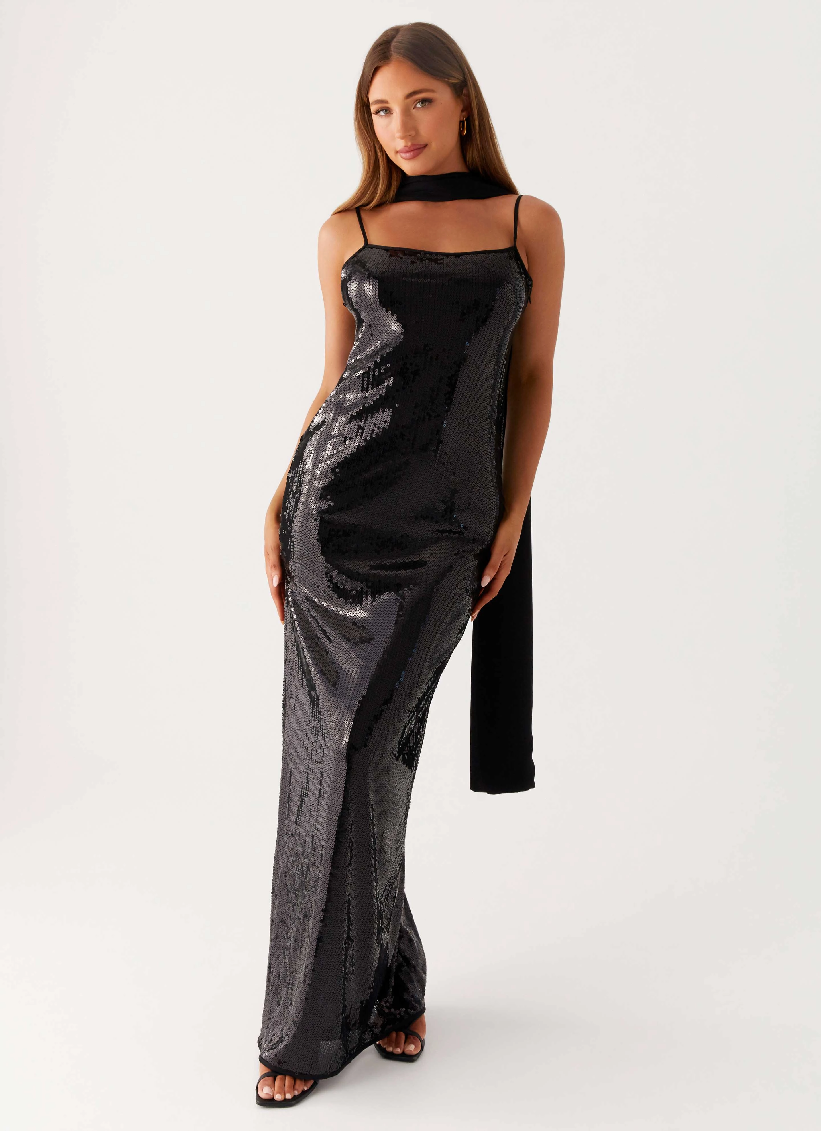 Scarf Neck Sequins Maxi Dress - Black Care-Instructions-Included