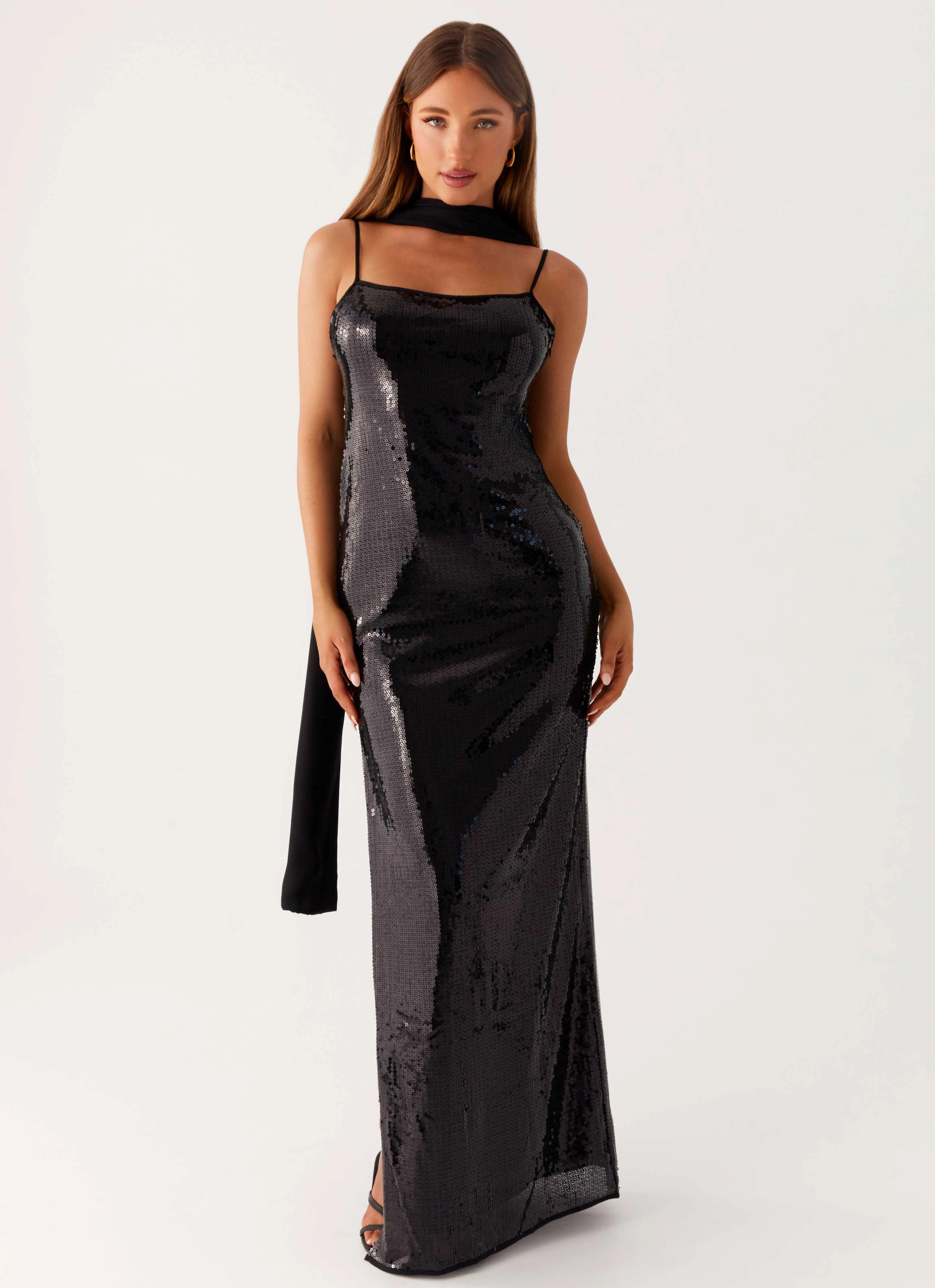 budget-friendly Fast Chic Scarf Neck Sequins Maxi Dress - Black