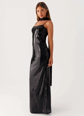 Neutral Feel Convertible-Style Scarf Neck Sequins Maxi Dress - Black