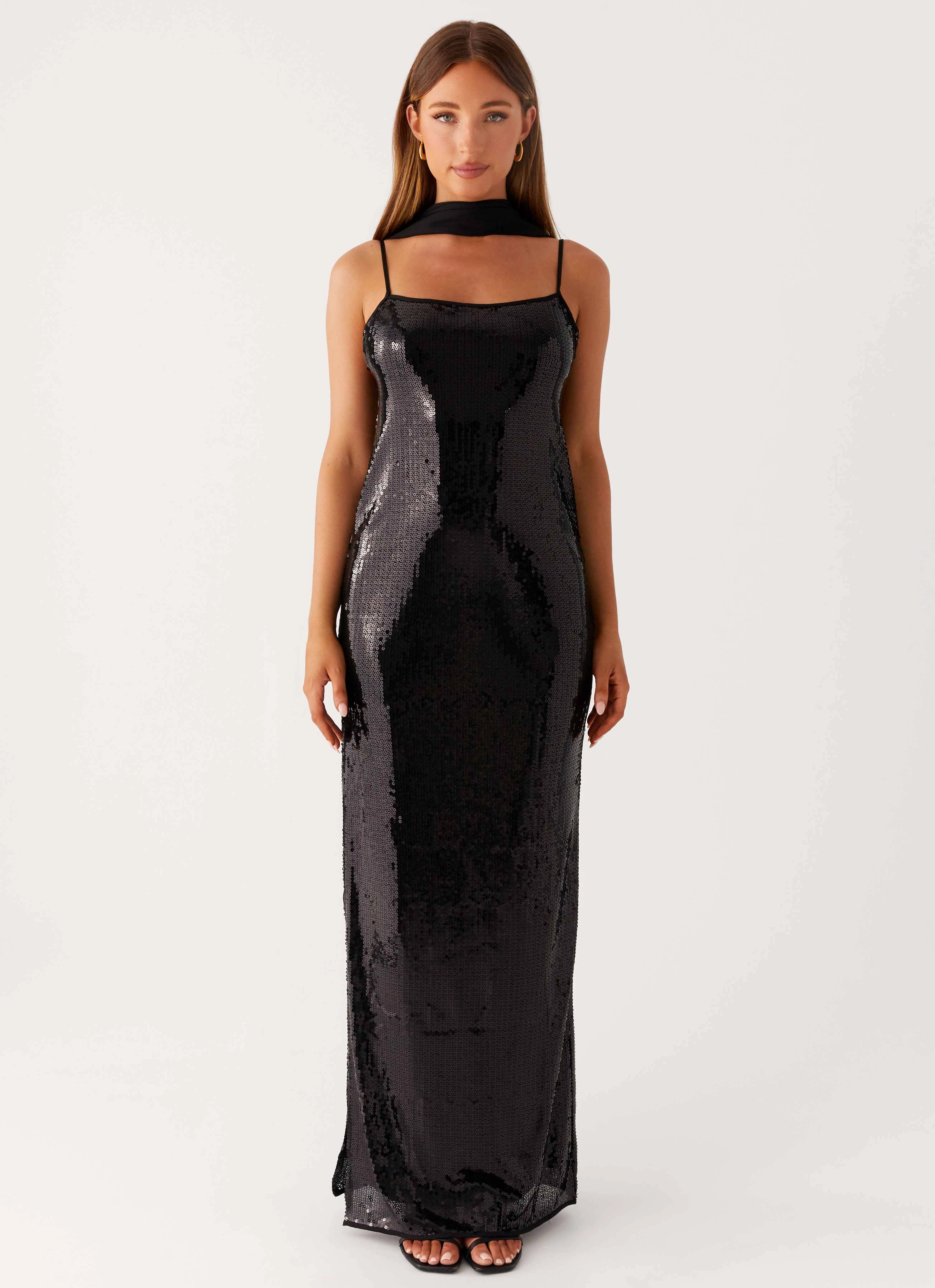 Scarf Neck Sequins Maxi Dress - Black Clean Edge Edgy Look