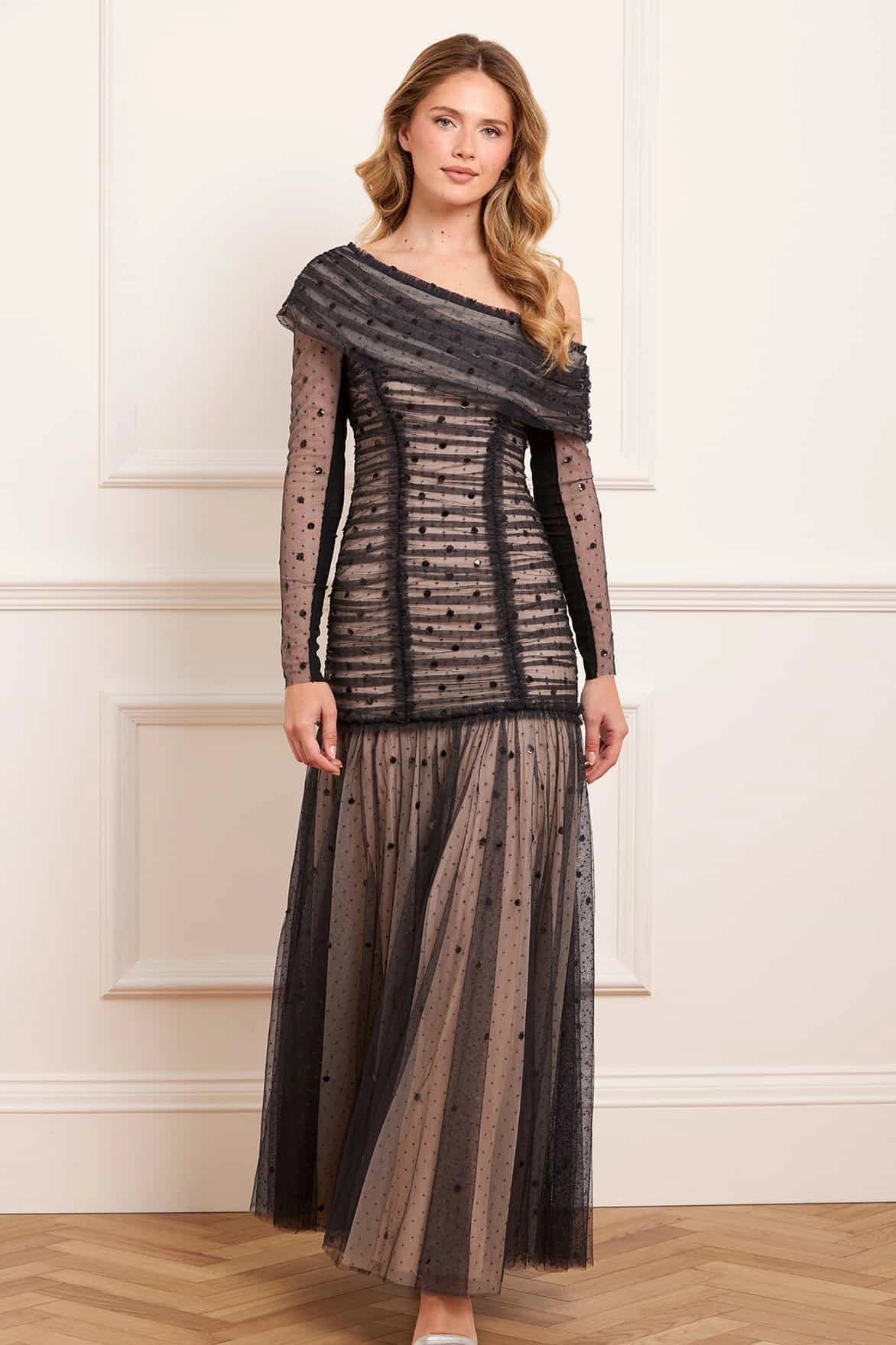 Gigi Dot One-Shoulder Rouched Gown Cafe Vibe Soft Balance