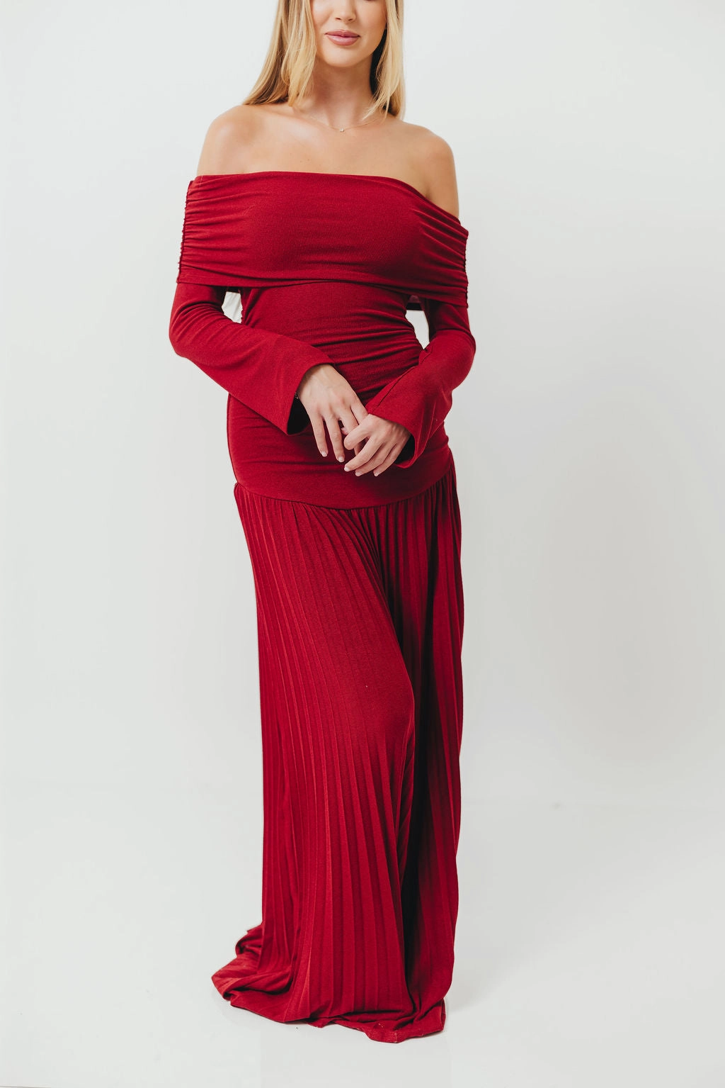 Luxe Touch Elegant Line Lennox Long Sleeve Maxi Dress in Red