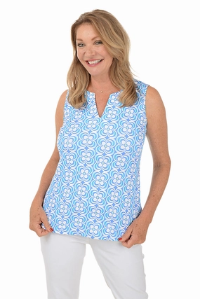 Periwinkle Optical Daisy UPF50  Split Neck Sleeveless Top Cute Glow