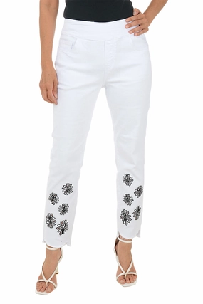 White Rhinestone Daisy Denim Pant Rayon drape