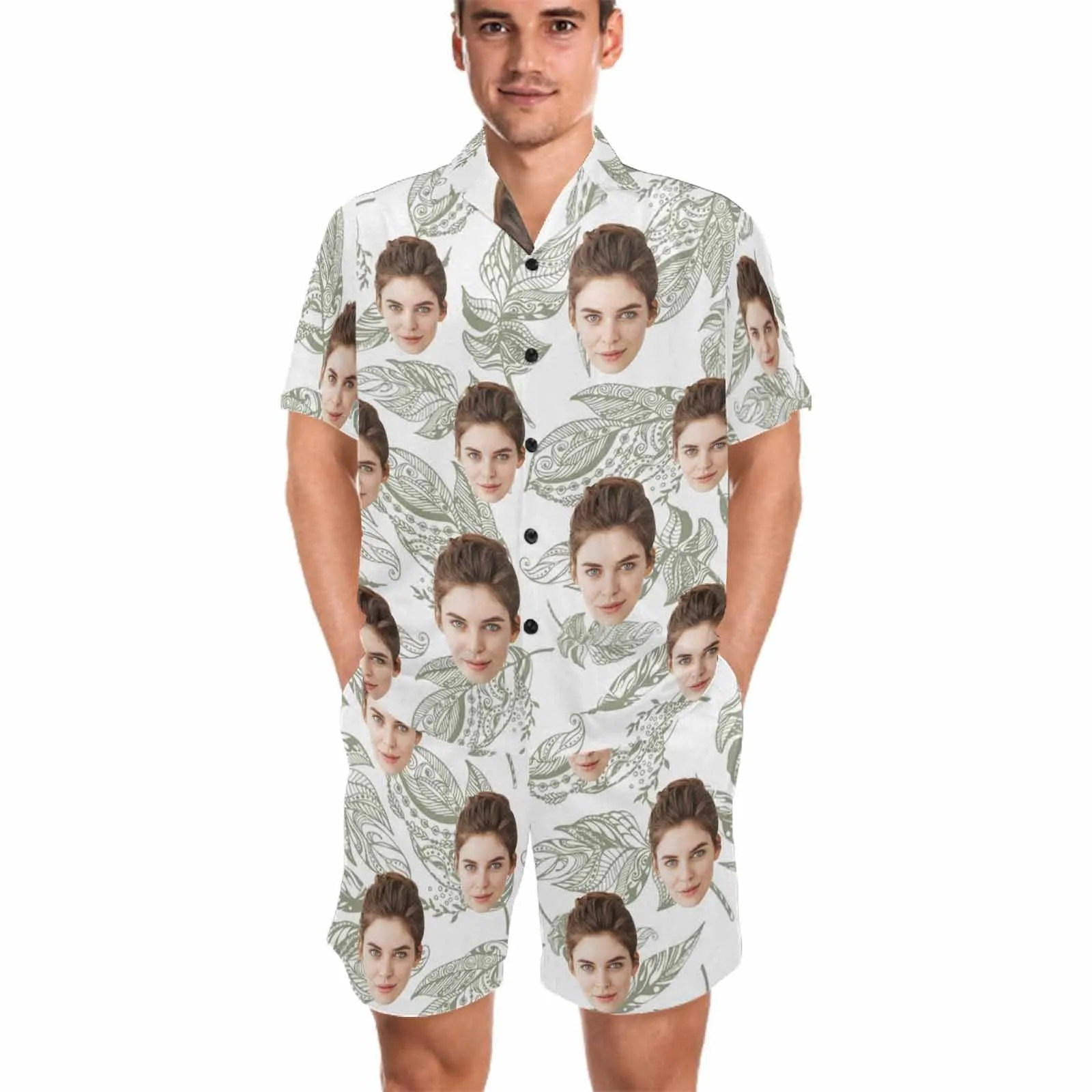 Personalized Couples Pajamas Summer Leaf Loungewear Custom Face Couple Matching V-Neck Short Pajama Set