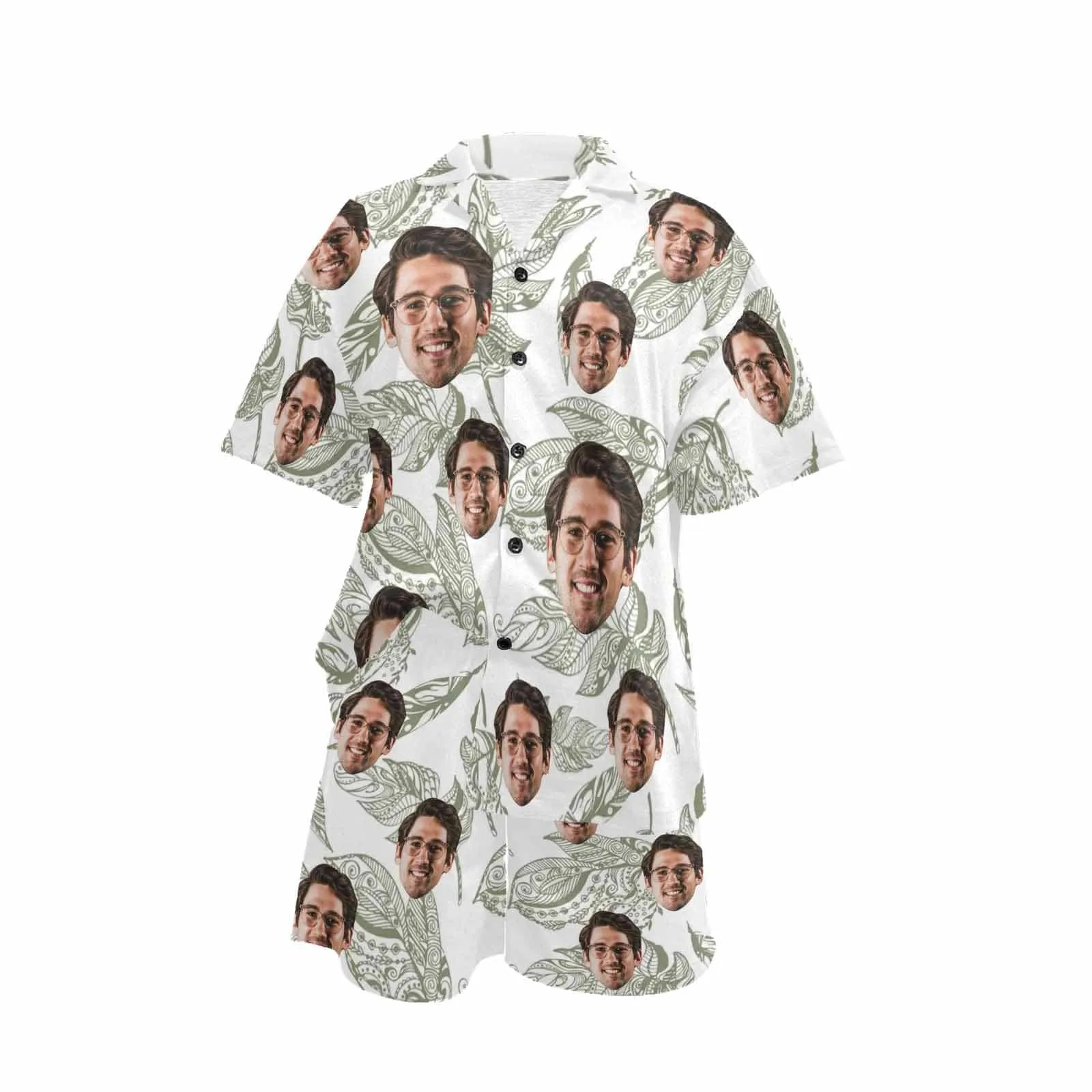 Personalized Couples Pajamas Summer Leaf Loungewear Custom Face Couple Matching V-Neck Short Pajama Set