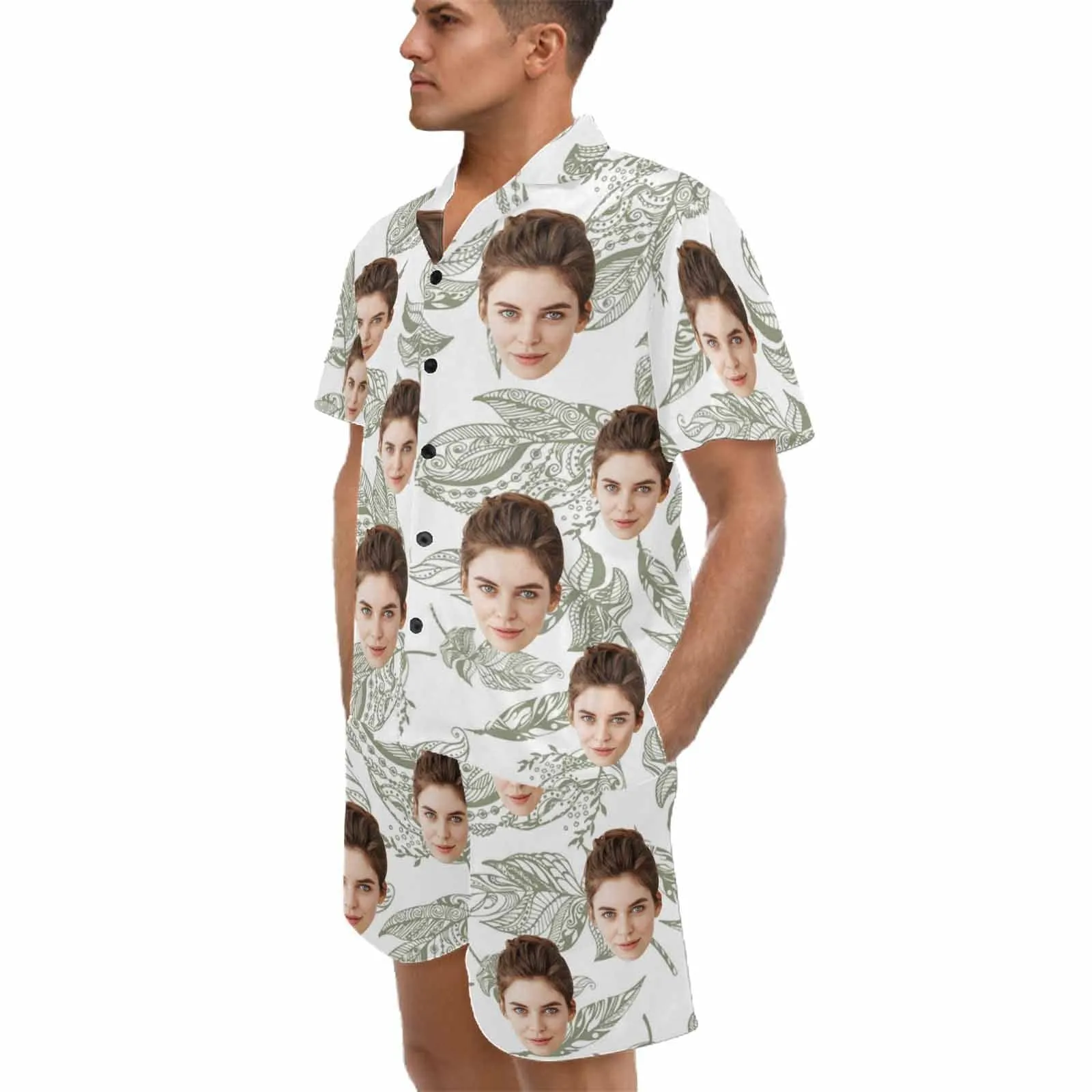 Personalized Couples Pajamas Summer Leaf Loungewear Custom Face Couple Matching V-Neck Short Pajama Set
