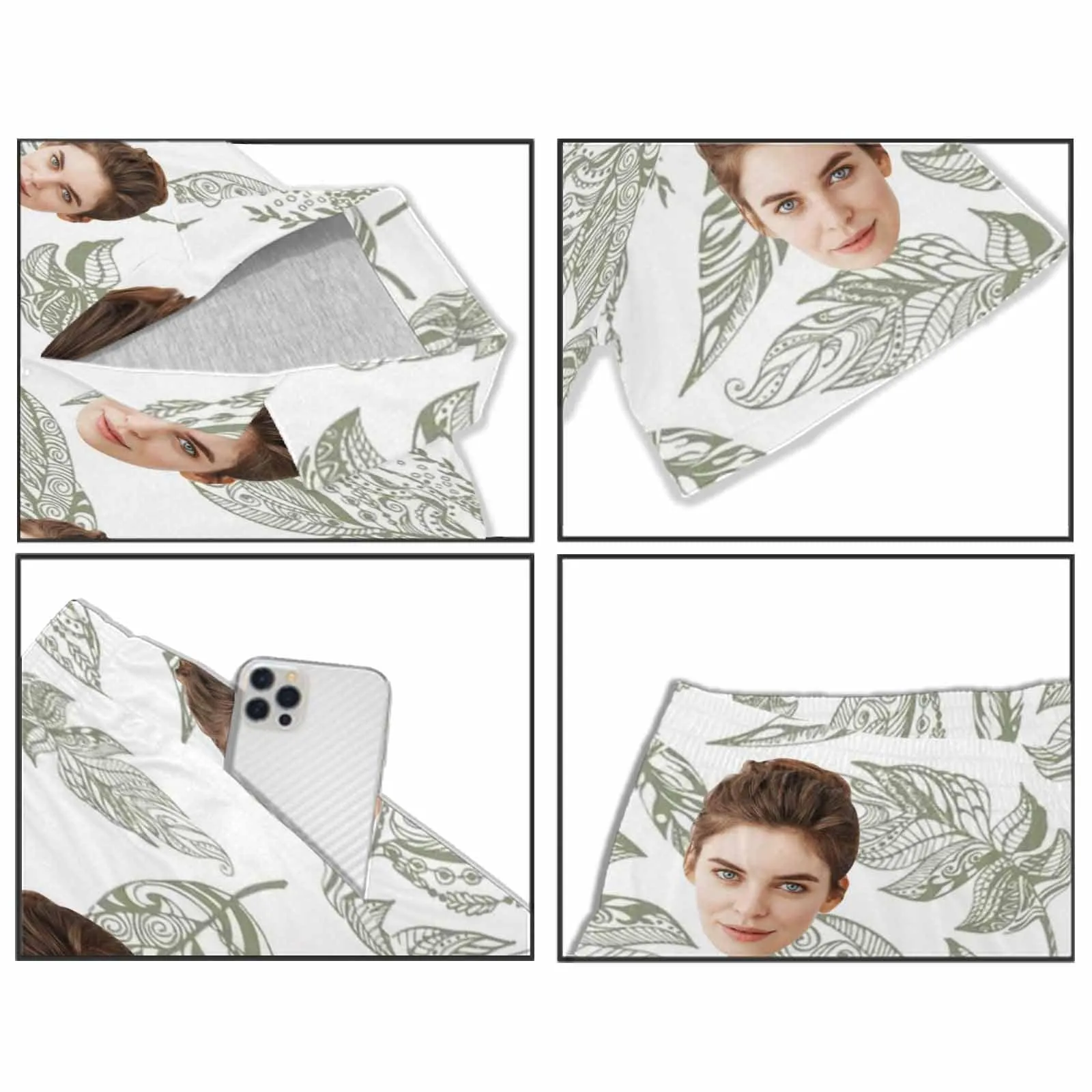 Personalized Couples Pajamas Summer Leaf Loungewear Custom Face Couple Matching V-Neck Short Pajama Set