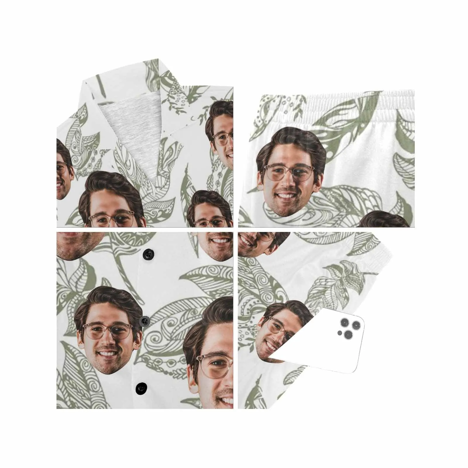 Personalized Couples Pajamas Summer Leaf Loungewear Custom Face Couple Matching V-Neck Short Pajama Set