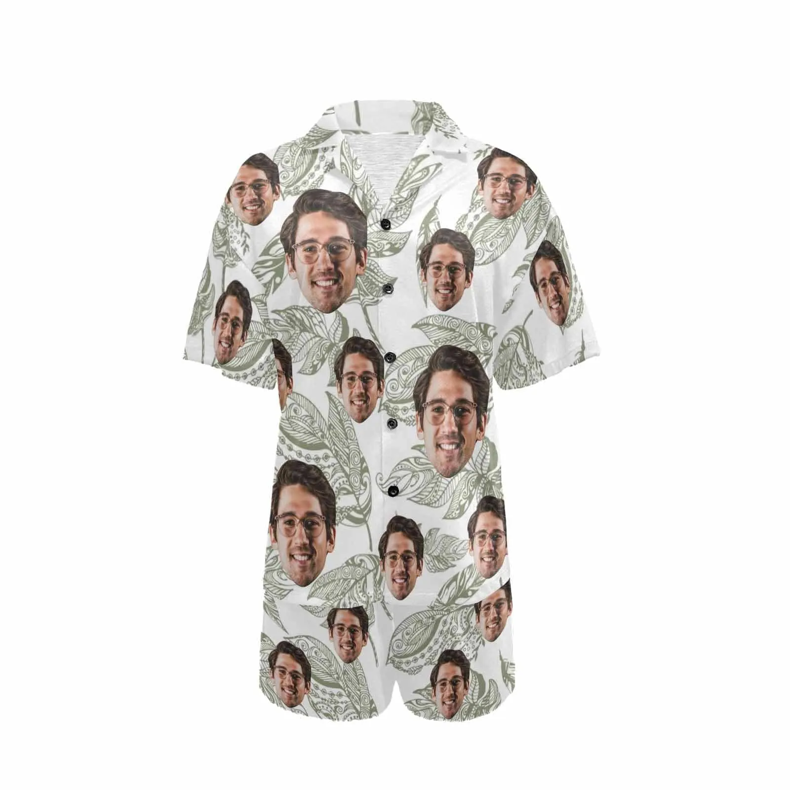 Personalized Couples Pajamas Summer Leaf Loungewear Custom Face Couple Matching V-Neck Short Pajama Set
