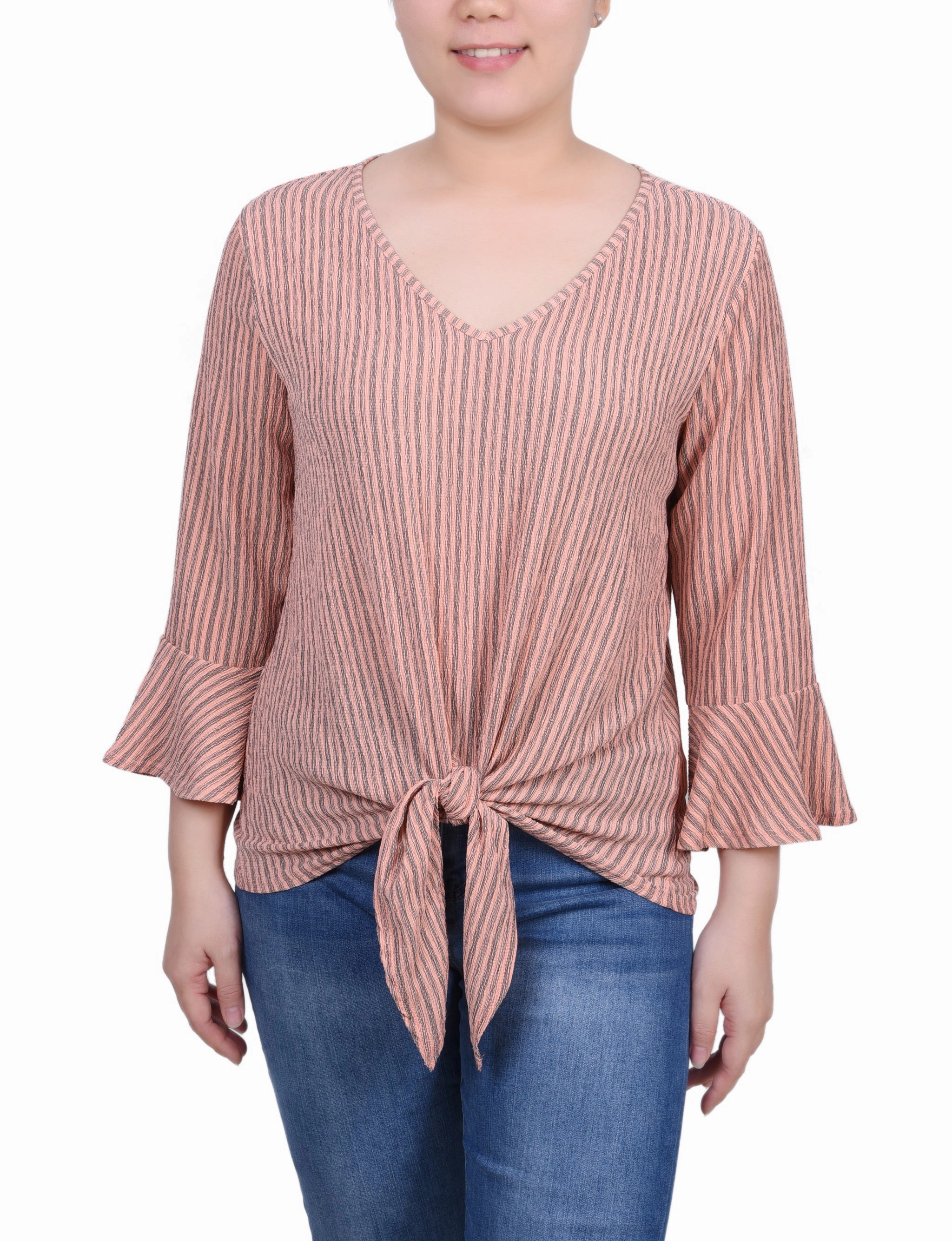 HighNeckline Petite 3/4 Bell Sleeve Textured Knit Top
