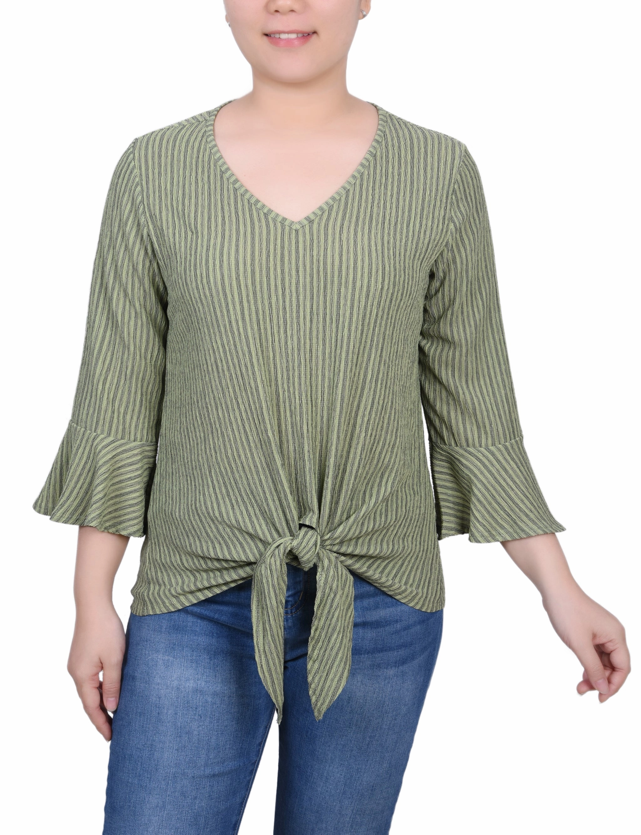 Petite 3/4 Bell Sleeve Textured Knit Top Self Fabric Tie Closure Distressed Texture