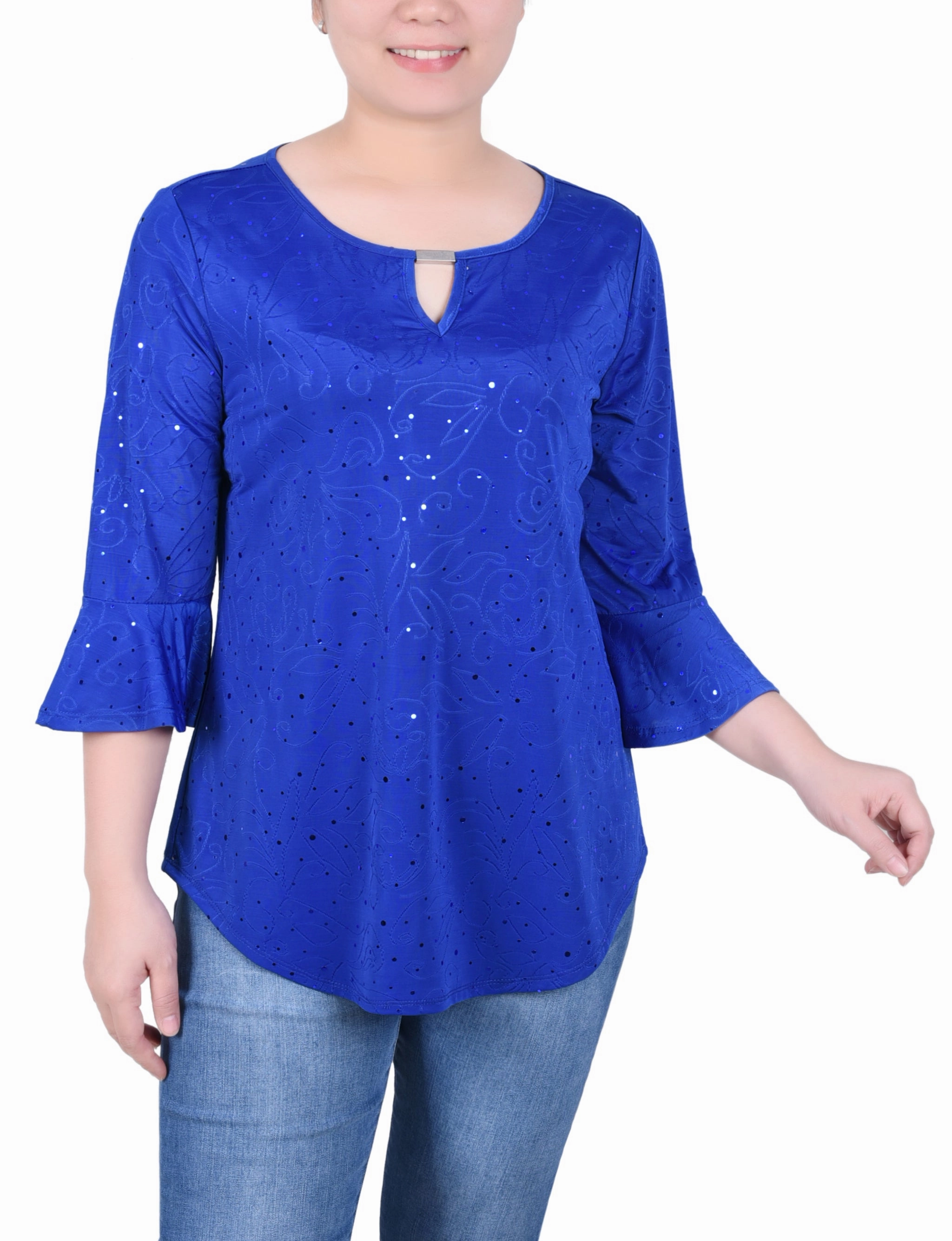 Non Closure Collar DurableDoubleLayeredHem Petite 3/4 Bell Sleeve Top With Hardware