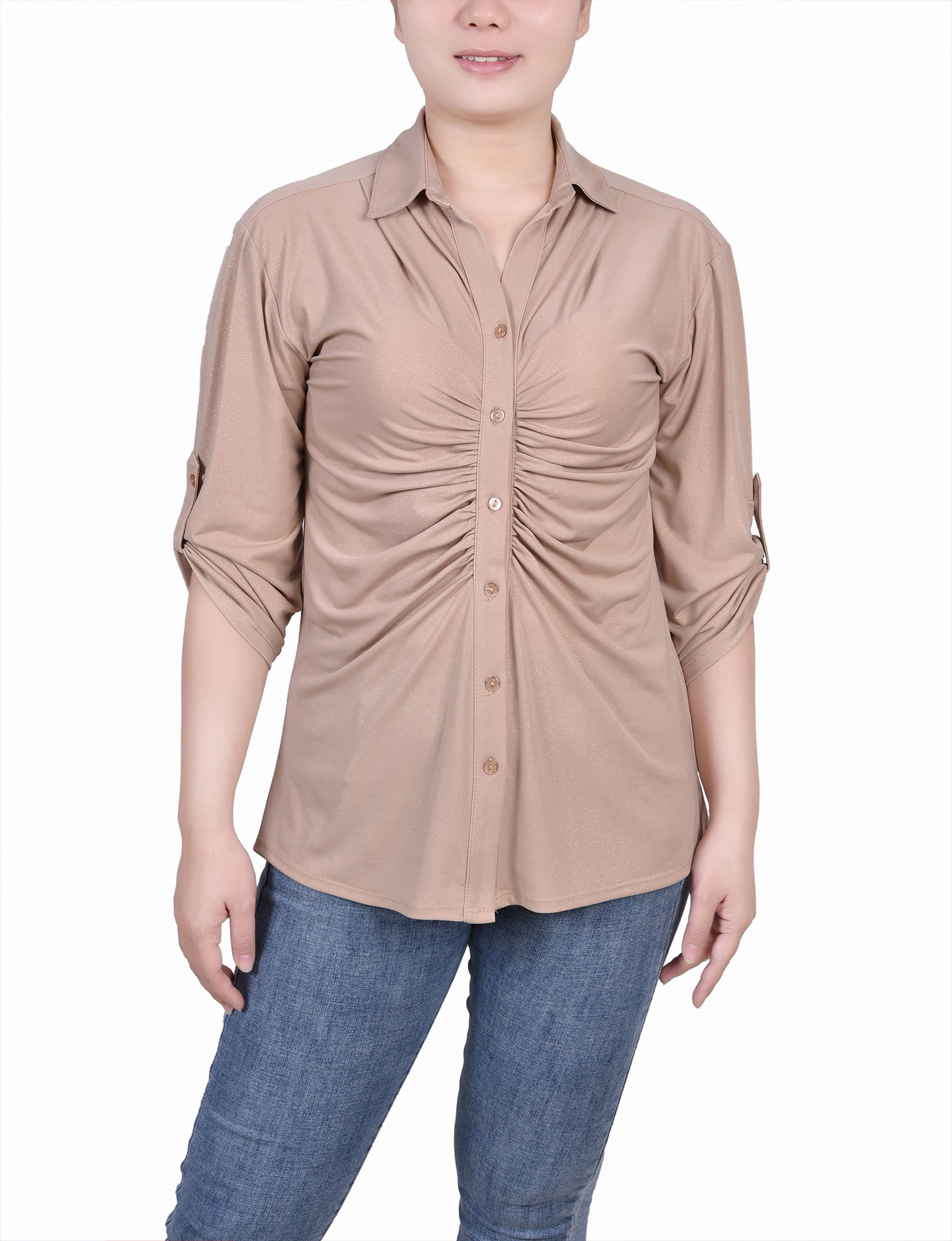 Breathable fabric High Neckline Structure Petite 3/4 Roll Tab Rouched-Front Top