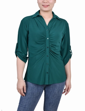 Comfy Fit Odor Resistant Technology Petite 3/4 Roll Tab Rouched-Front Top
