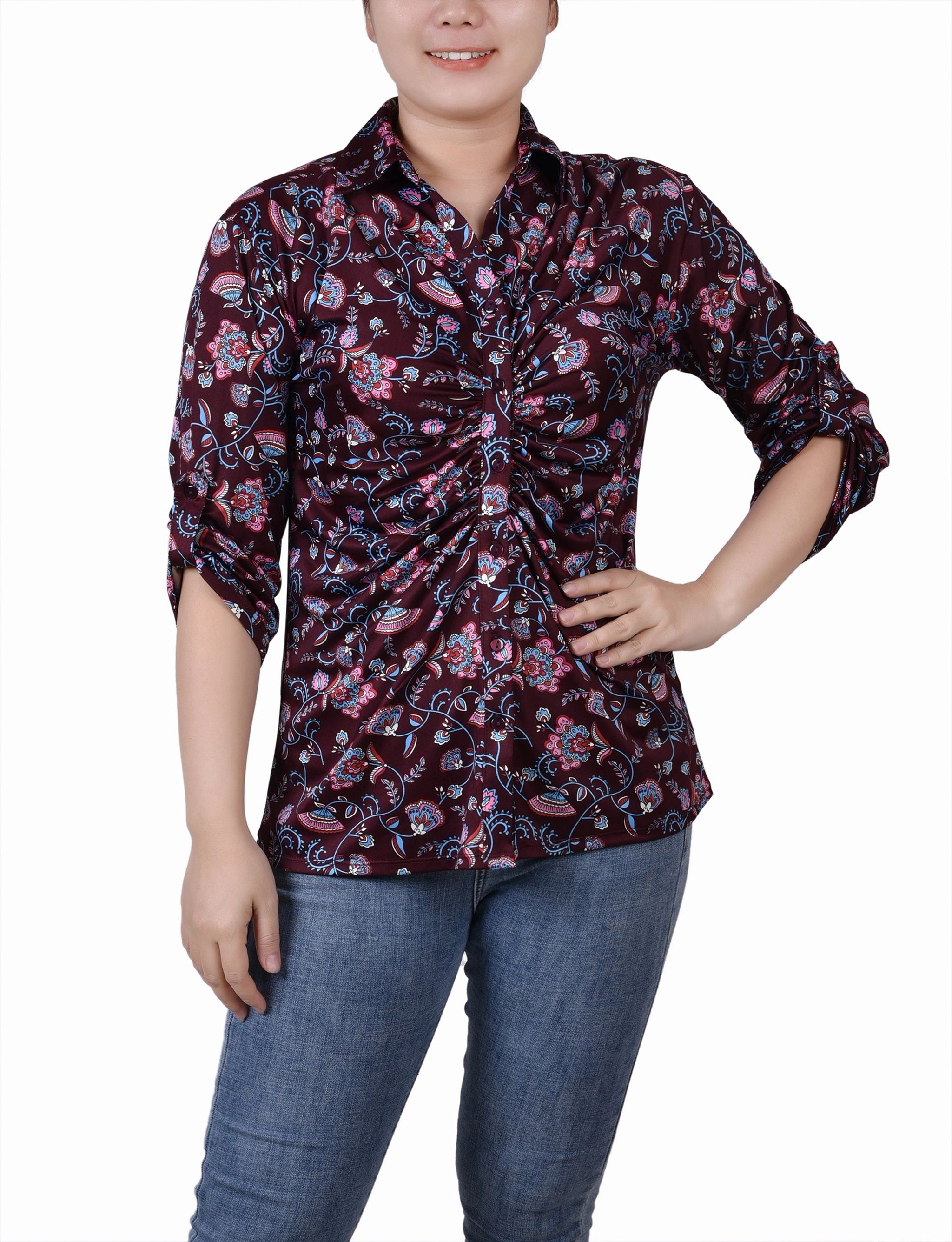 High Collar Protection Design Petite 3/4 Roll Tab Rouched-Front Top