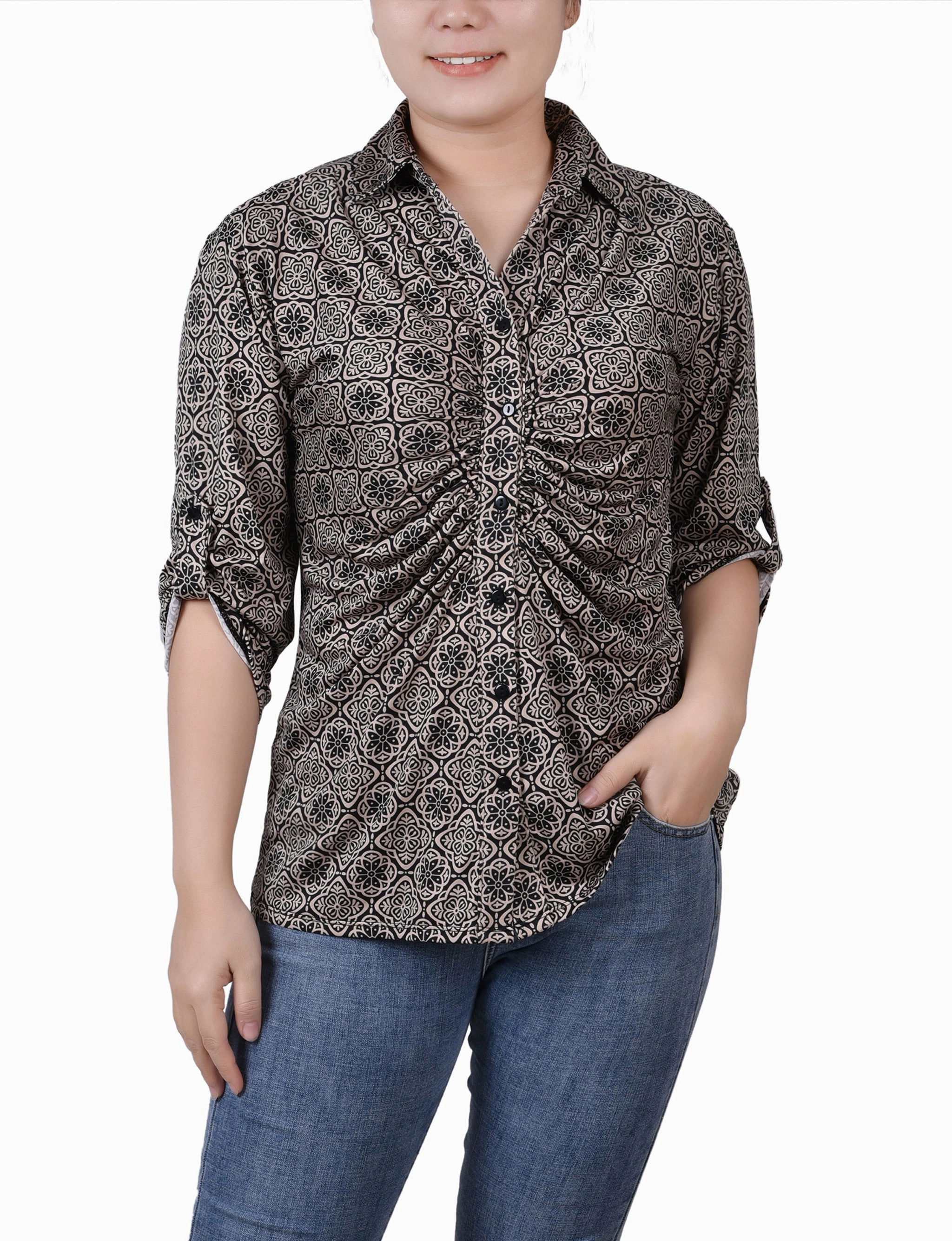 Bonded Seam Innovation Petite 3/4 Roll Tab Rouched-Front Top