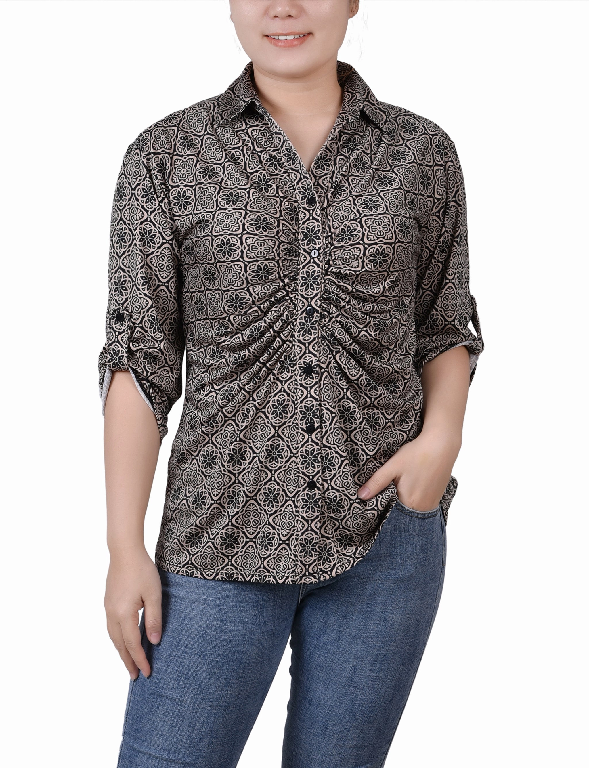 Petite 3/4 Roll Tab Rouched-Front Top Wool Sweater Tear Resistant Weave