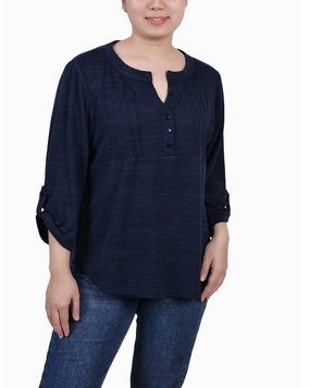 Petite 3/4 Roll Tab Sleeve Y Neck Top ColorfastMaterial