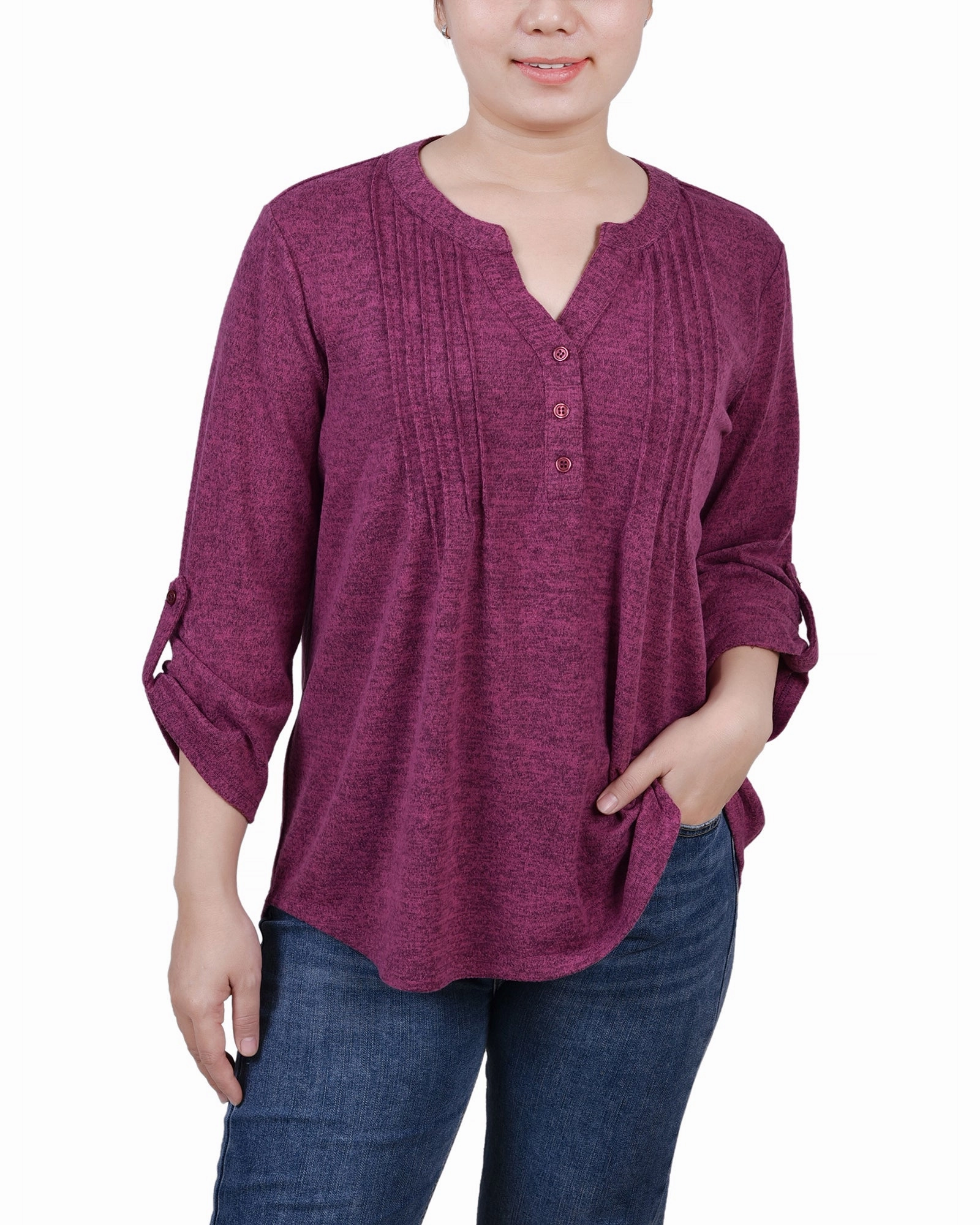 SlimFit Petite 3/4 Roll Tab Sleeve Y Neck Top